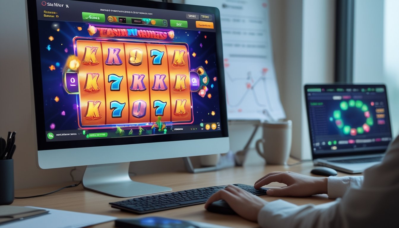 Seorang pemain sedang menggunakan komputer dengan layar menampilkan permainan slot online, fokus pada strategi memilih game slot terbaik.