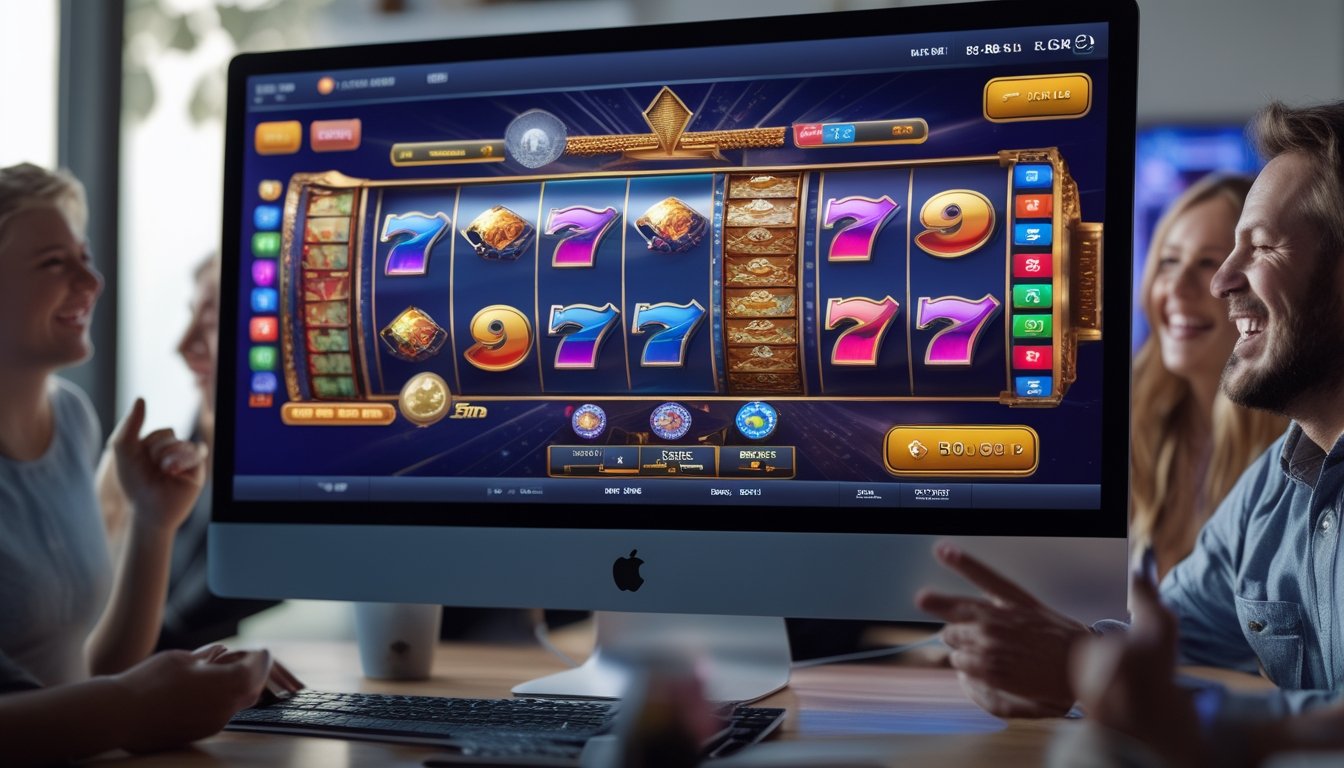 Orang-orang bermain mesin slot online di depan layar komputer dengan ekspresi antusias di ruangan yang nyaman.