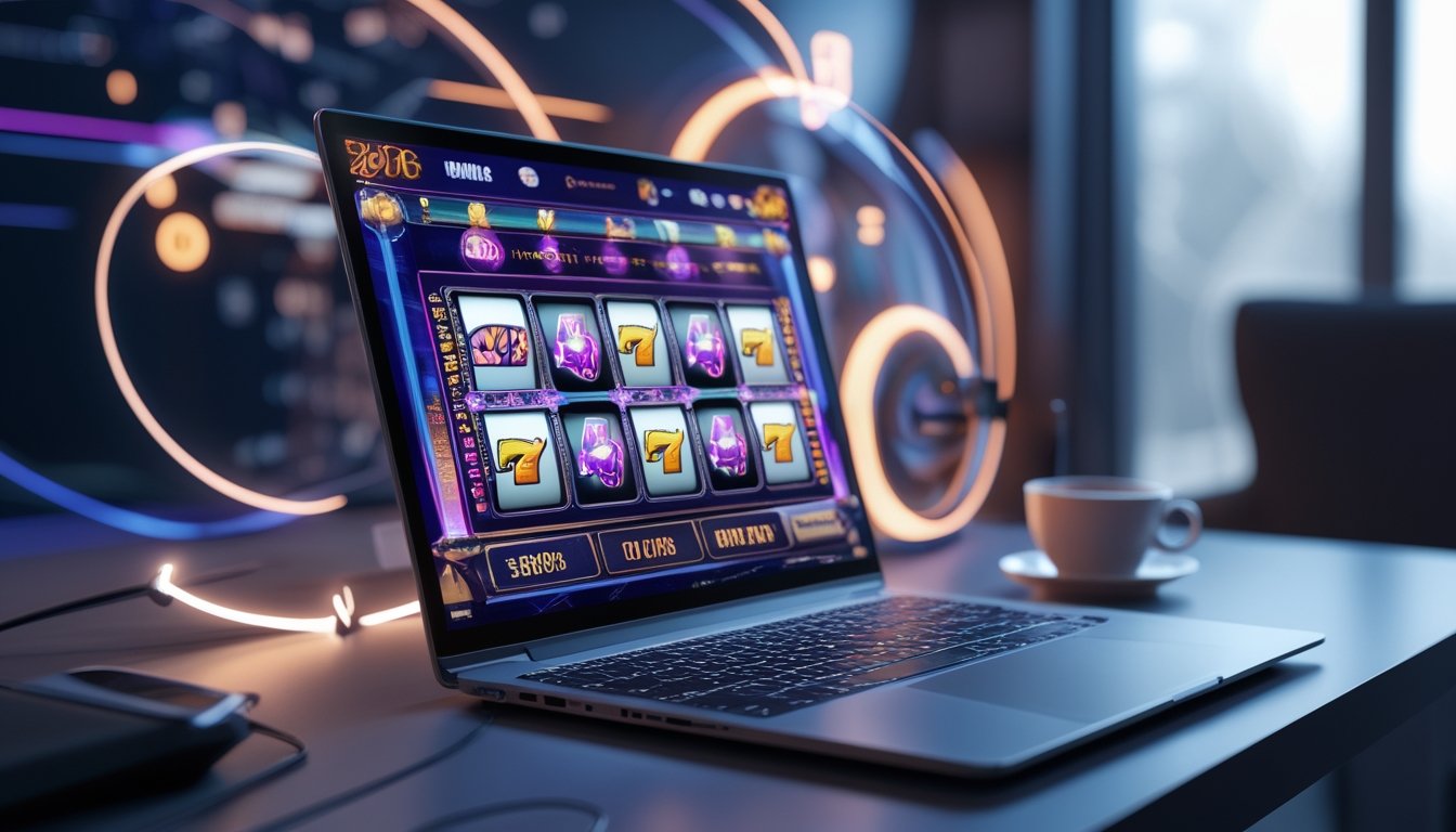 Seorang pengguna sedang bermain mesin slot online di layar komputer dengan latar belakang teknologi futuristik.