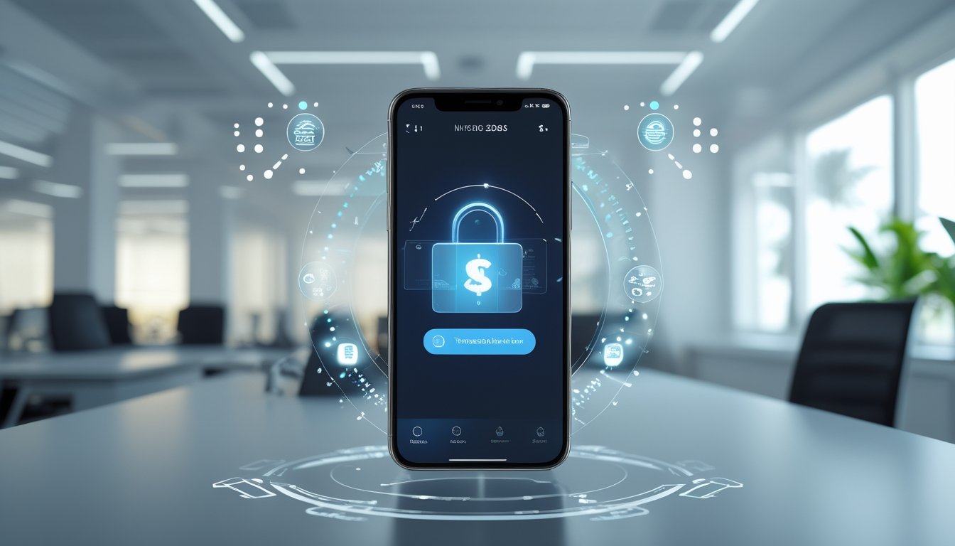 Sebuah smartphone menampilkan aplikasi e-wallet yang aman dengan latar kantor modern dan elemen digital futuristik di sekitarnya.