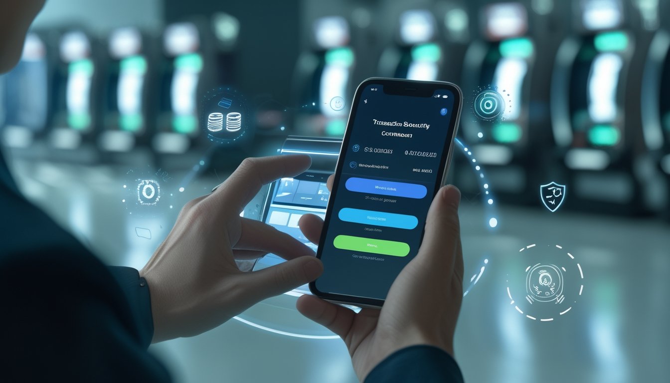 Tangan seseorang memegang ponsel dengan aplikasi e-wallet yang menunjukkan konfirmasi transaksi, dikelilingi oleh ikon digital yang melambangkan keamanan dan permainan slot online.