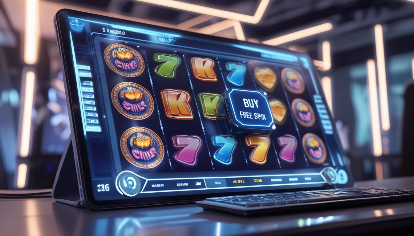 Layar komputer menampilkan permainan slot online dengan fitur pembelian putaran gratis, di lingkungan gaming modern dan futuristik.