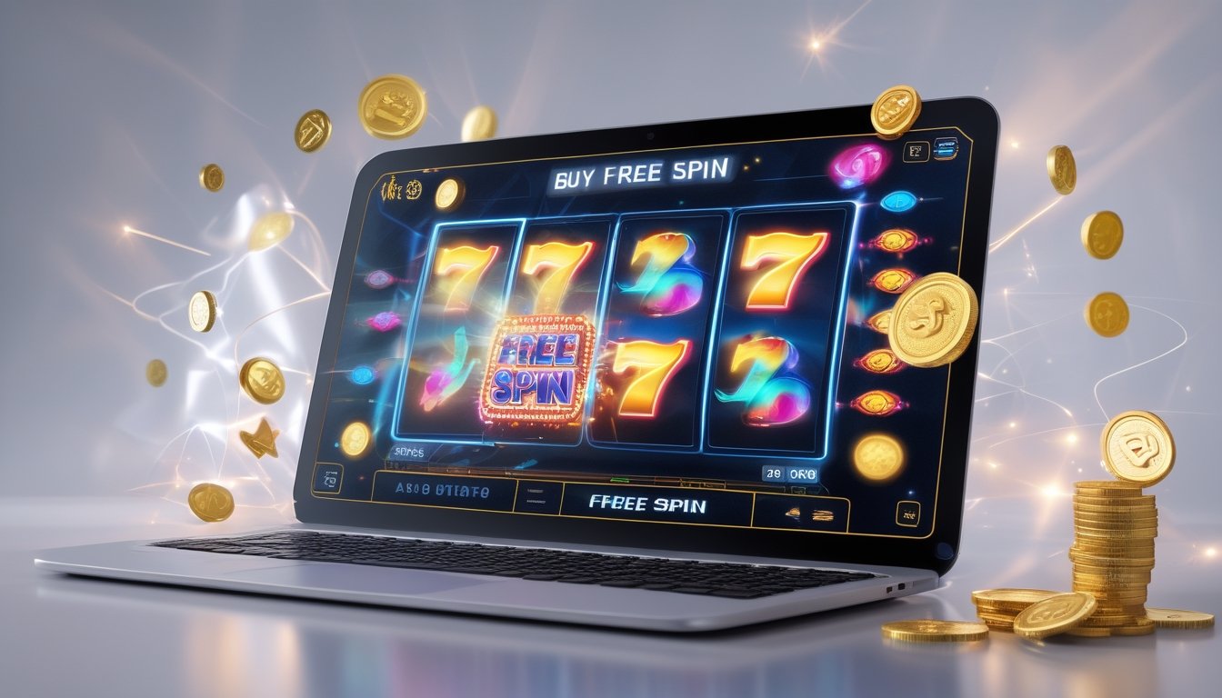 Layar perangkat digital menampilkan permainan slot dengan simbol warna-warni dan efek cahaya yang menunjukkan fitur buy free spin.