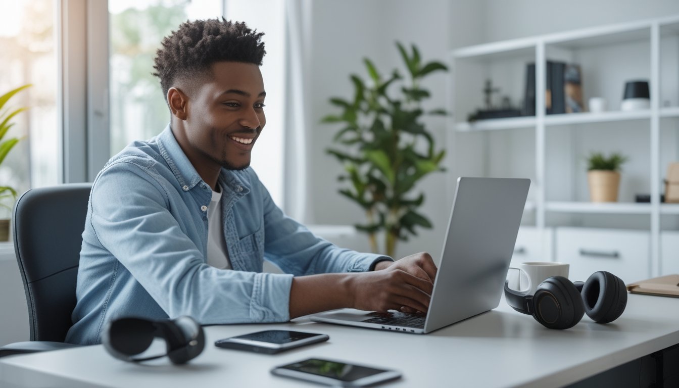 Seorang pemula muda sedang mendaftar akun slot online di laptop di ruang kerja yang terang dan rapi.