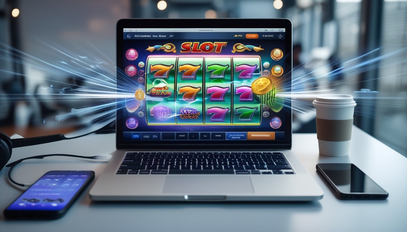 Seorang pengguna duduk di depan komputer dengan permainan slot online berwarna cerah di layar, di ruang kerja yang rapi dan terang.