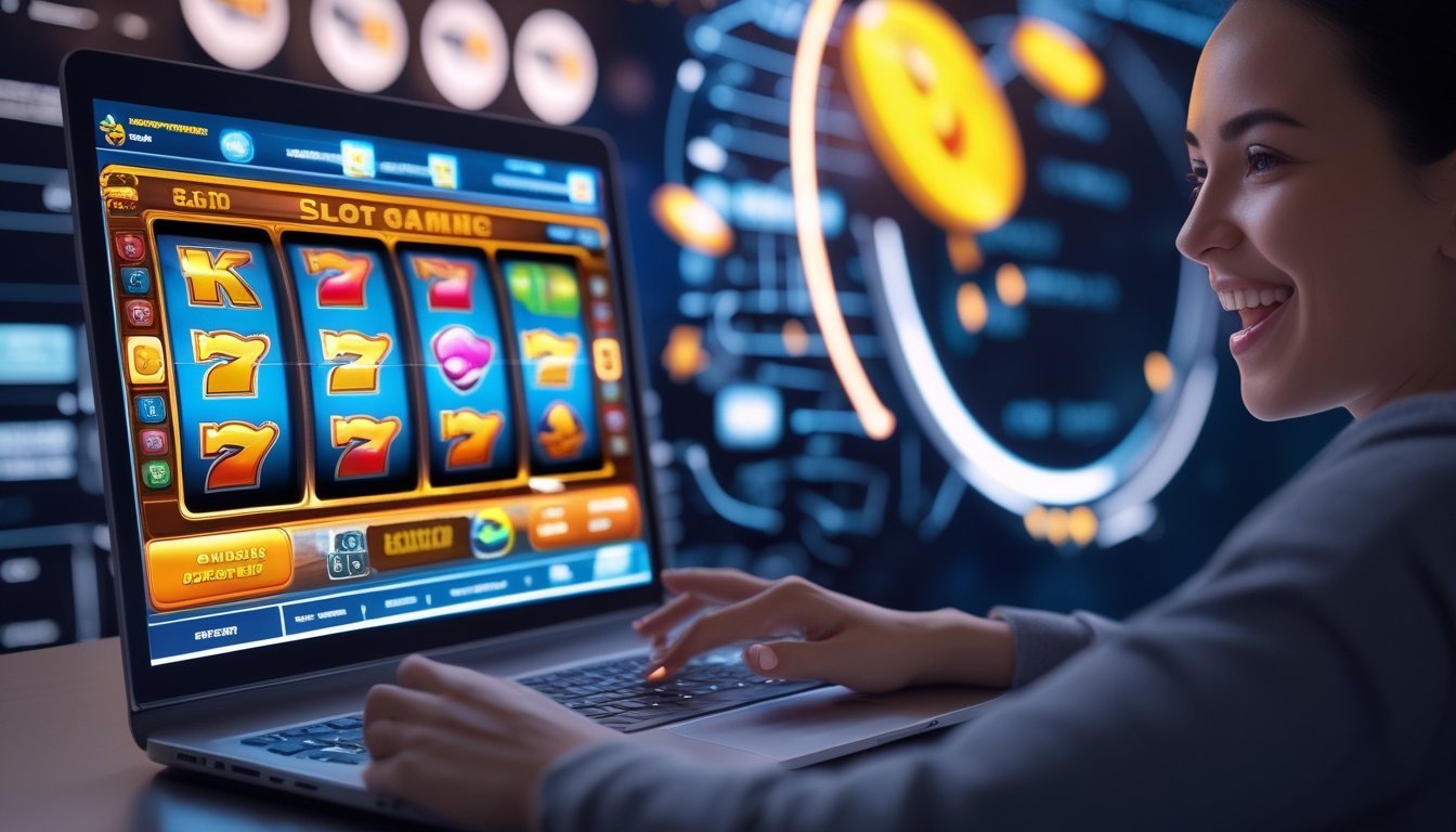 Seseorang menggunakan laptop dengan tampilan mesin slot digital yang cerah dan simbol kemenangan di layar.