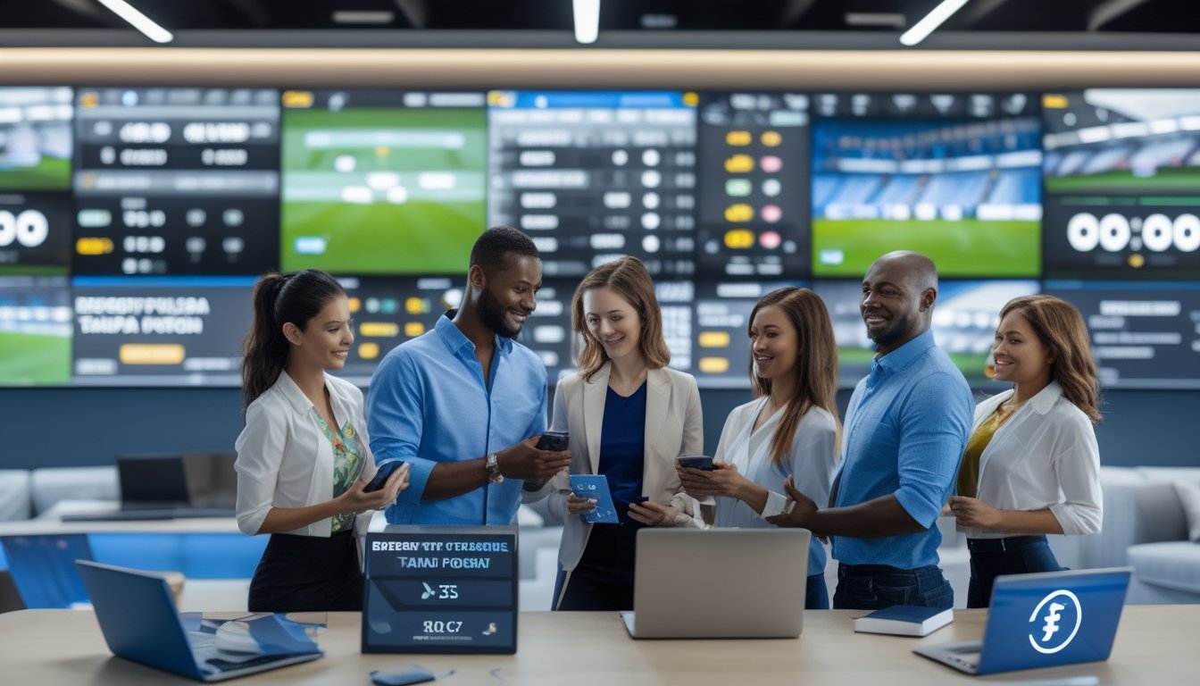 Beberapa orang dewasa menggunakan perangkat digital untuk melihat statistik pertandingan sepak bola dan melakukan transaksi taruhan dalam suasana kantor modern yang terang dan profesional.