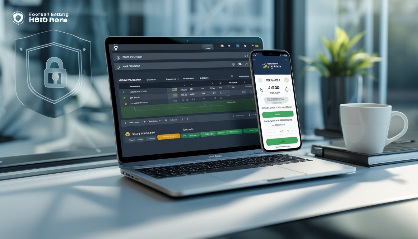 Meja kerja modern dengan laptop dan ponsel yang menampilkan aplikasi taruhan bola dan dompet digital, disertai cangkir kopi, menggambarkan aktivitas taruhan bola terpercaya di Indonesia.