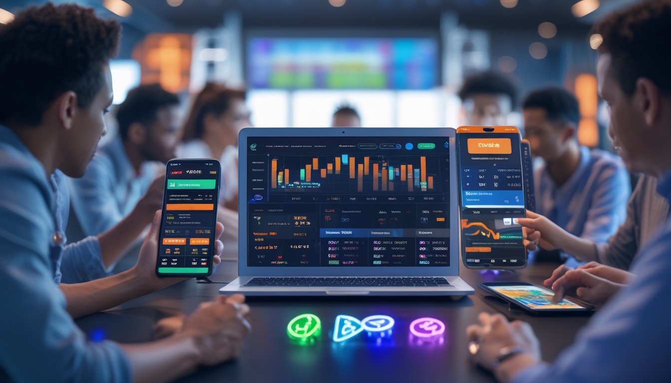 Orang-orang menggunakan perangkat digital untuk memasang taruhan olahraga online di lingkungan modern dengan suasana fokus dan penuh semangat.