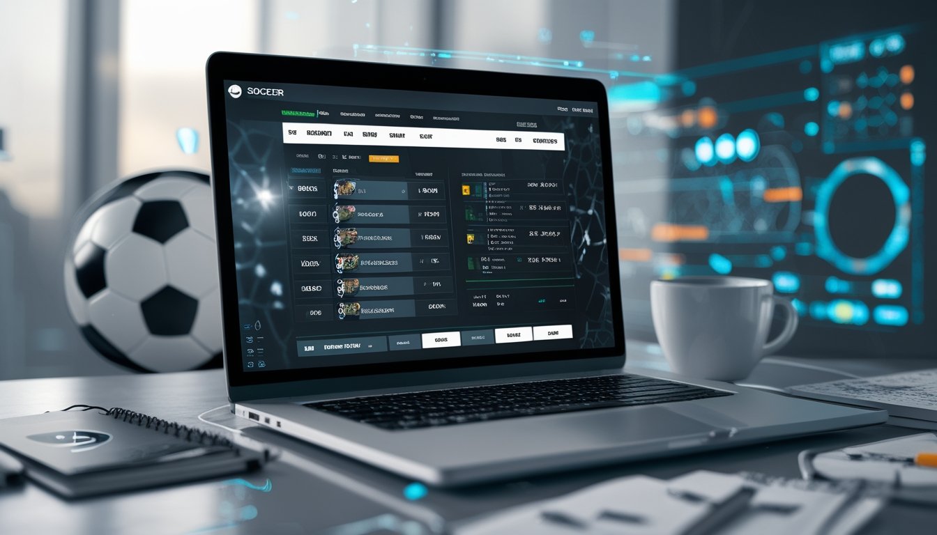 Seorang pria duduk di depan laptop dengan tampilan situs taruhan bola online, dikelilingi oleh smartphone dan catatan, menunjukkan suasana taruhan bola online.