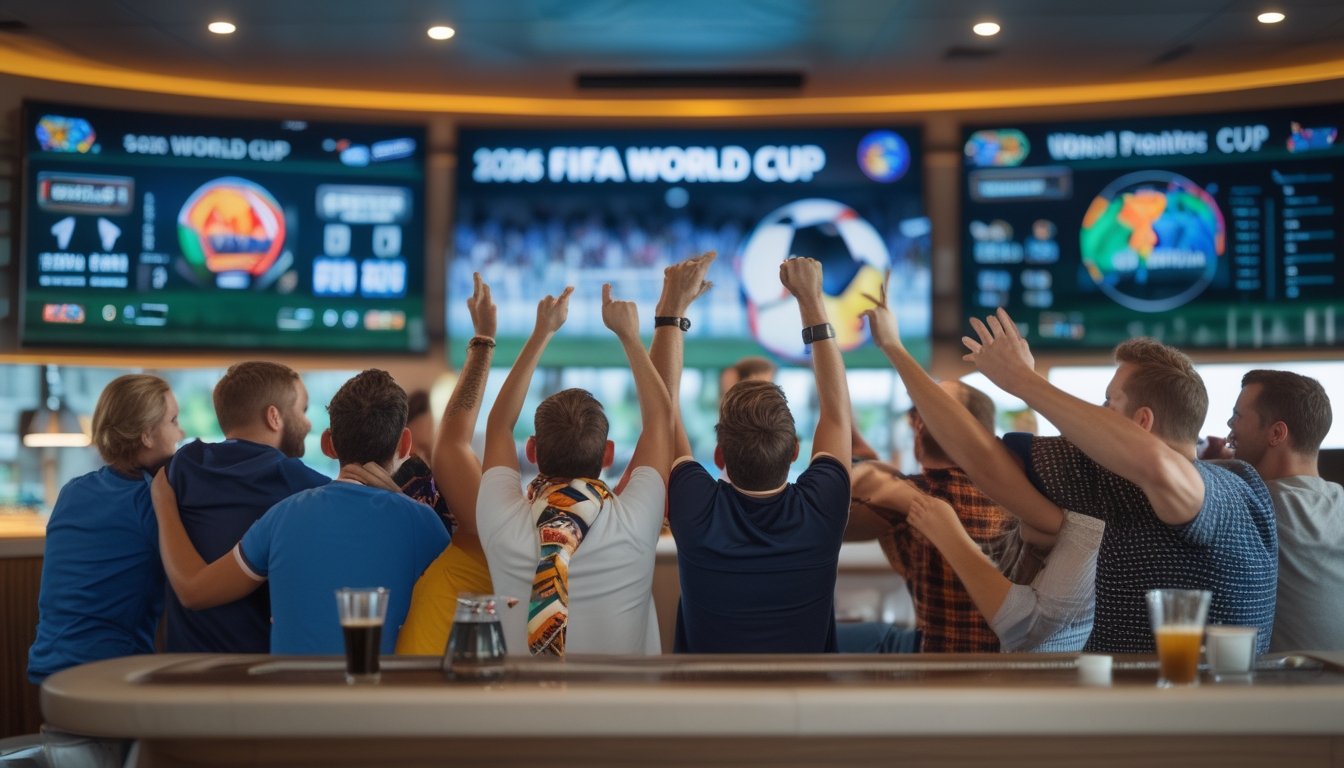 Sekelompok orang yang antusias menonton pertandingan sepak bola di layar besar di sebuah bar olahraga modern, merayakan gol dengan ekspresi gembira dan suasana yang hidup.