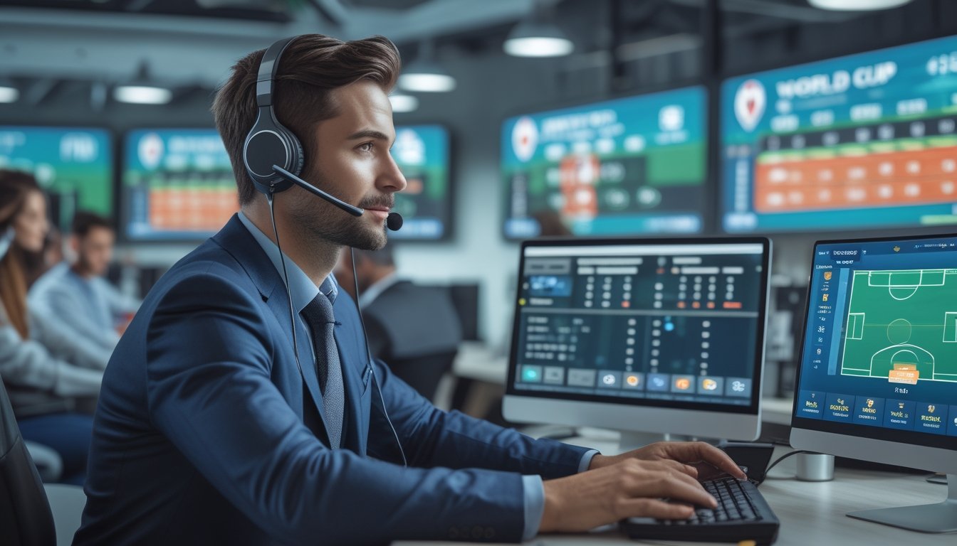 Suasana kantor modern dengan staf yang melayani pelanggan dan layar menampilkan statistik pertandingan sepak bola Piala Dunia 2026.