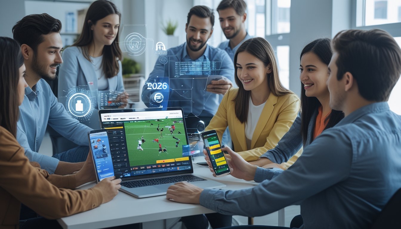 Sekelompok orang muda menggunakan laptop dan ponsel untuk memasang taruhan bola secara online dengan latar kantor modern.