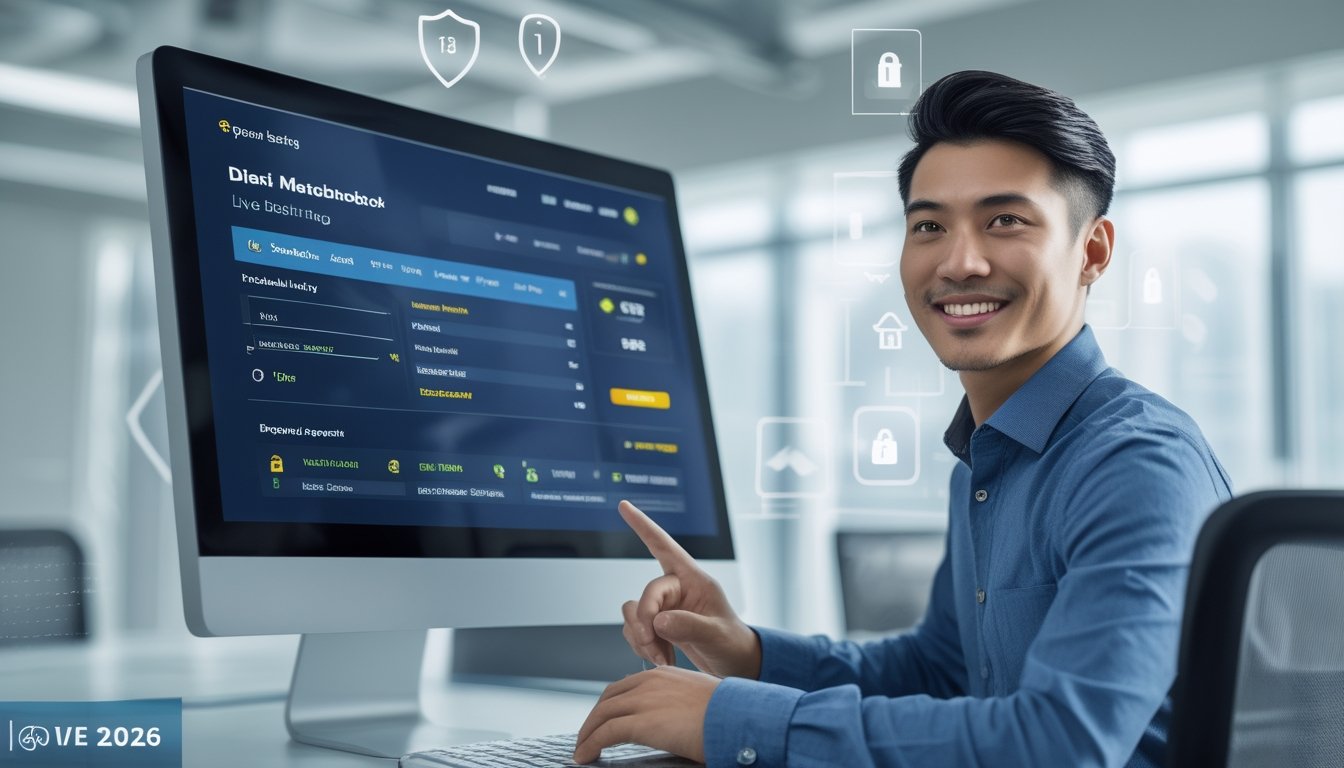 Seorang pria muda sedang menggunakan komputer dengan tampilan platform judi bola online yang menunjukkan opsi deposit e-wallet cepat dan aman.