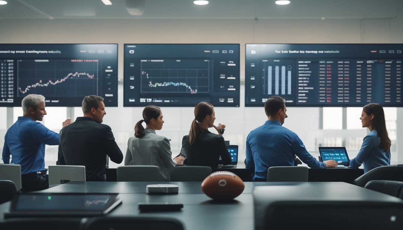 Beberapa orang dewasa sedang berdiskusi di ruangan modern dengan layar digital yang menampilkan data taruhan sepak bola.