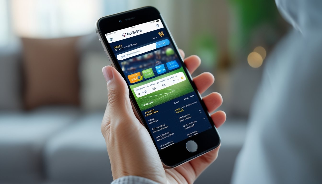 Seseorang memegang smartphone dengan tampilan aplikasi taruhan bola resmi yang penuh warna di layar, di latar belakang suasana dalam ruangan yang samar.