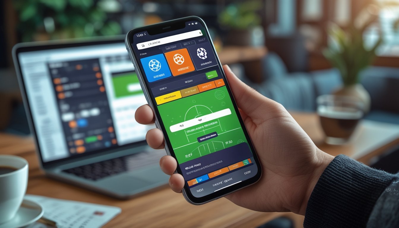 Seorang memegang smartphone yang menampilkan antarmuka taruhan sepak bola dengan latar belakang ruangan dalam yang nyaman.
