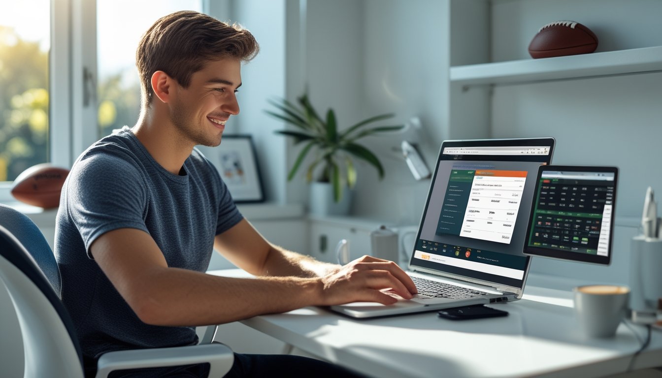 Seorang pria muda duduk di meja dengan laptop, tampak fokus dan nyaman di ruangan terang saat menggunakan situs taruhan bola online.