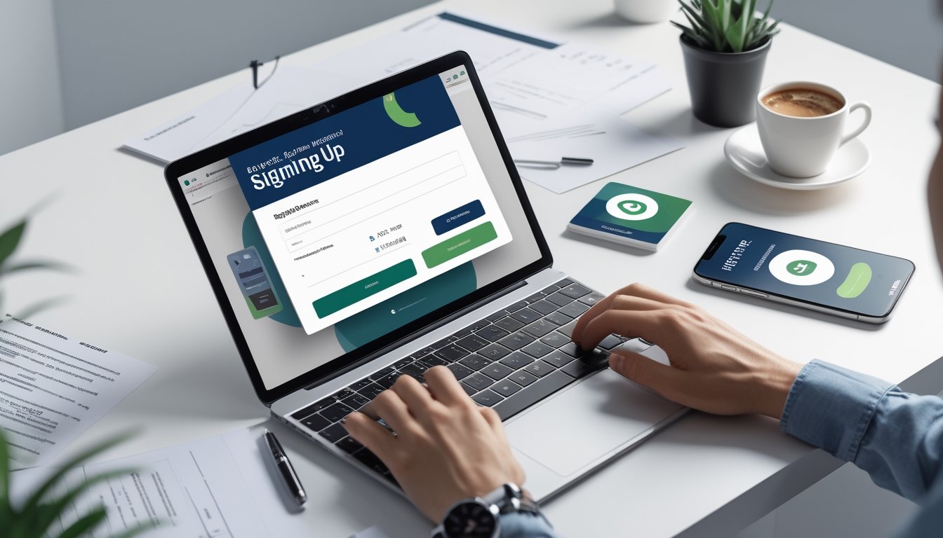 Seseorang sedang mengetik di laptop dengan formulir pendaftaran online di layar, dikelilingi dokumen dan ponsel di meja kerja.