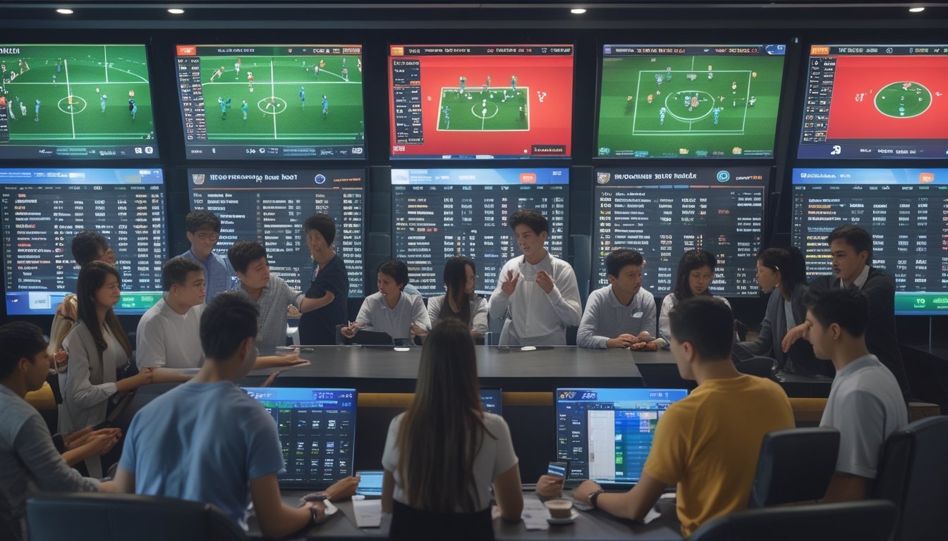 Sekelompok orang muda yang antusias menonton pertandingan sepak bola di layar besar di sebuah lounge modern, dengan suasana fokus dan penuh semangat.