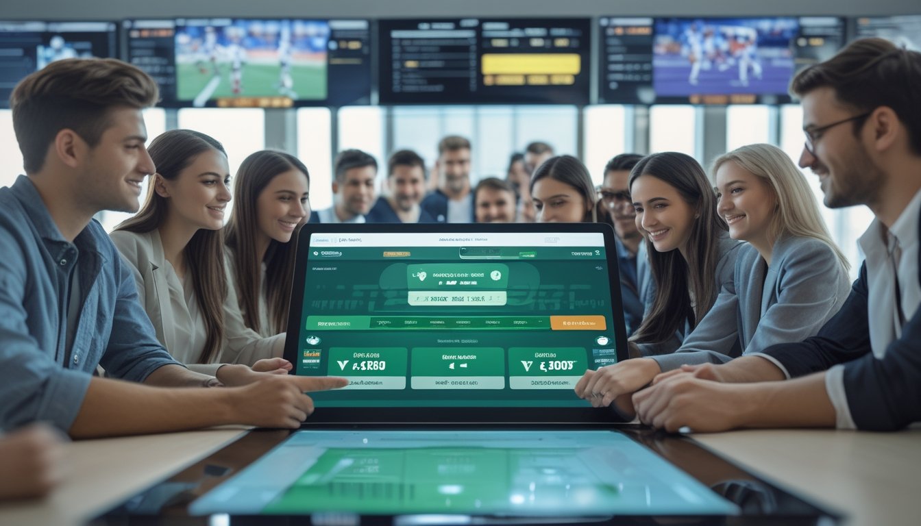 Sekelompok orang muda di kantor modern sedang melihat layar digital besar dengan statistik pertandingan sepak bola dan taruhan online.