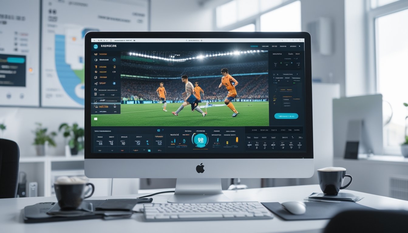 Sebuah monitor komputer menampilkan pertandingan sepak bola langsung dengan antarmuka situs taruhan resmi di lingkungan kantor yang rapi.
