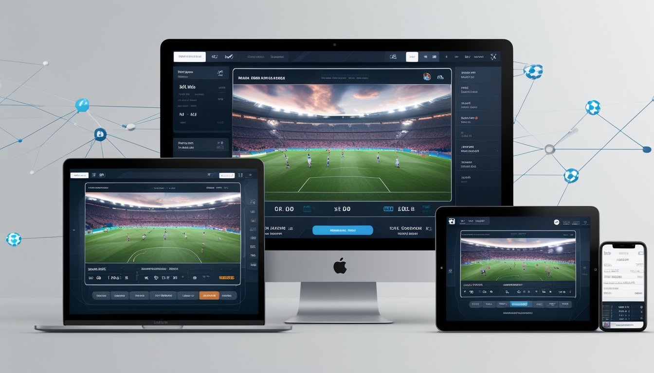Beberapa perangkat digital menampilkan pertandingan sepak bola langsung dengan kualitas HD dan statistik pertandingan di layar.