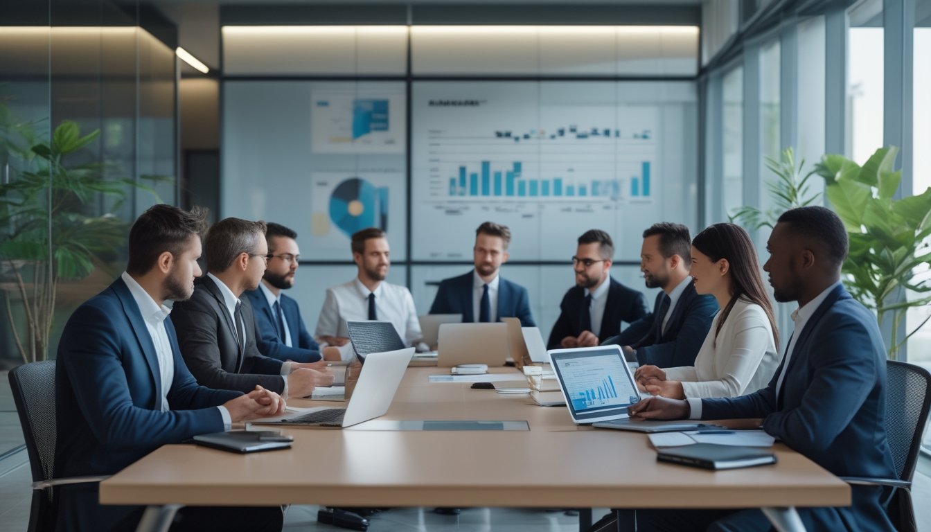 Sekelompok profesional bisnis sedang rapat di ruang kantor modern dengan meja konferensi dan perangkat digital.