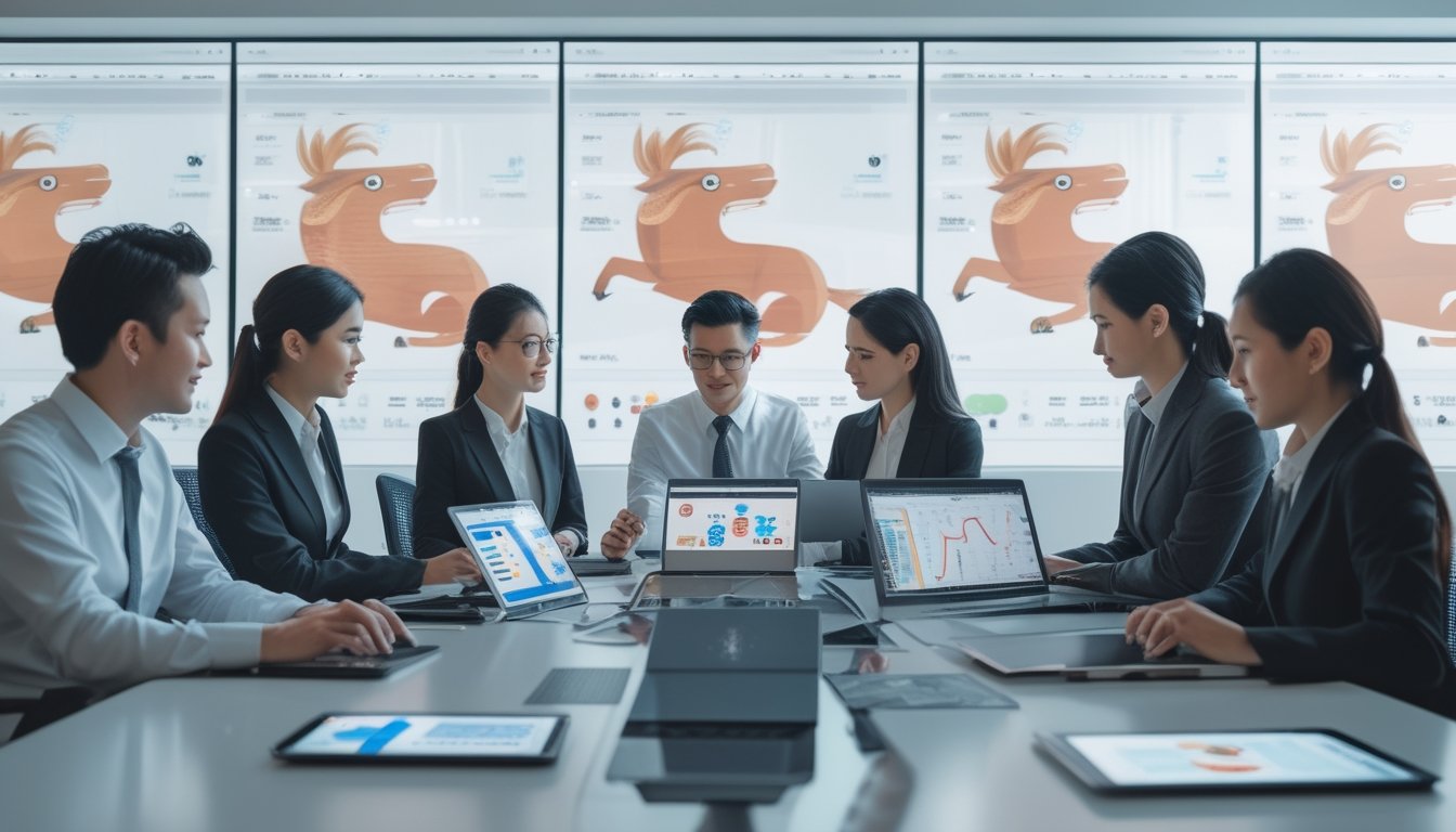 Sekelompok profesional bekerja bersama di kantor modern dengan perangkat digital dan tampilan visual hewan shio di layar besar.