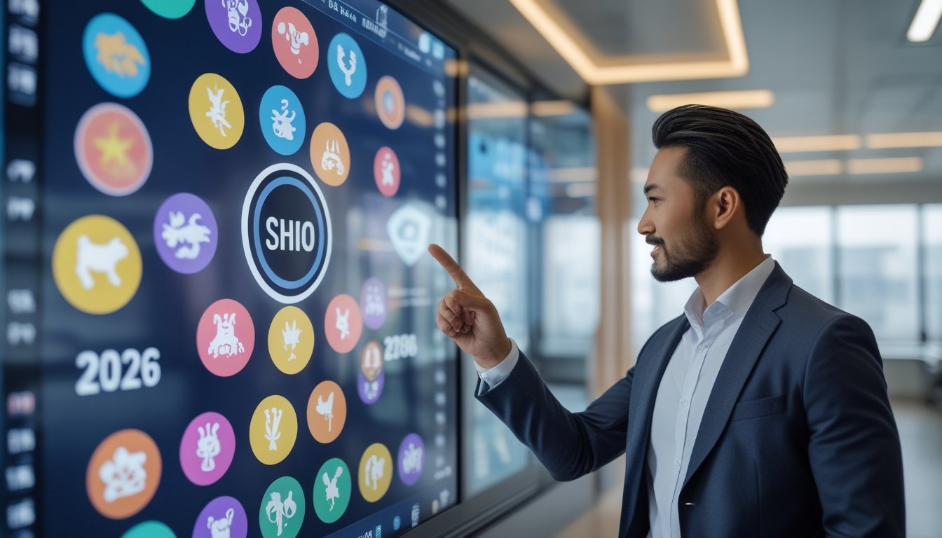 Seorang profesional menggunakan layar sentuh digital dengan ikon hewan shio warna-warni yang melingkar, di kantor modern dengan elemen teknologi dan keuangan di latar belakang.
