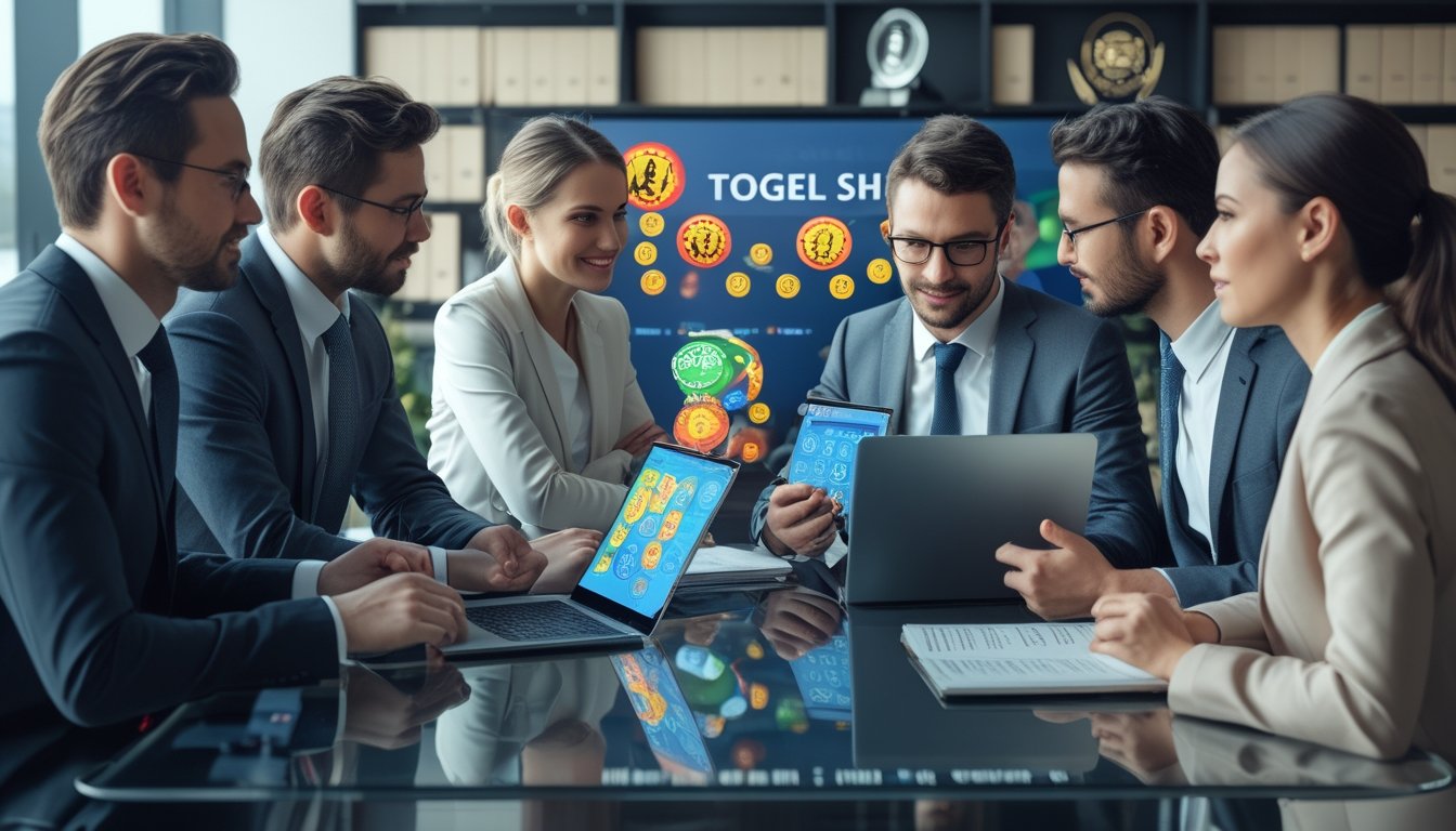 Sekelompok profesional sedang berdiskusi di kantor modern dengan perangkat digital yang menampilkan data togel shio dan grafik warna-warni.