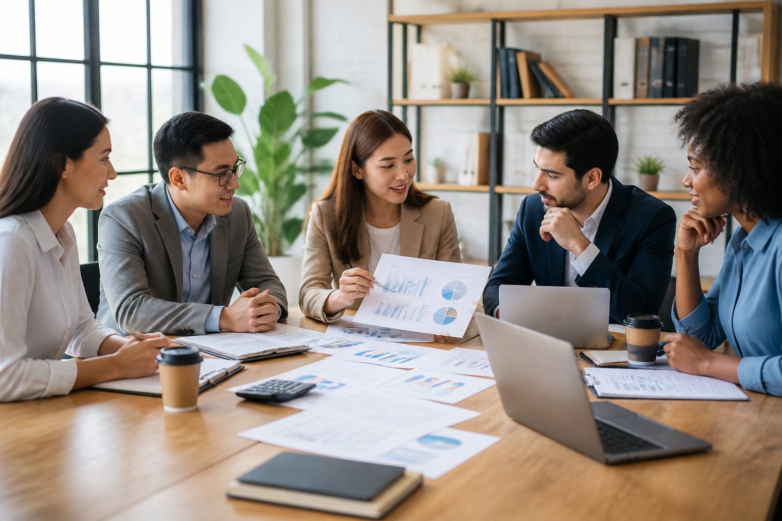 Die besten Steuerberater für Freiberufler Mehrere Personen in einem Büro besprechen gemeinsam Finanzunterlagen an einem Tisch.