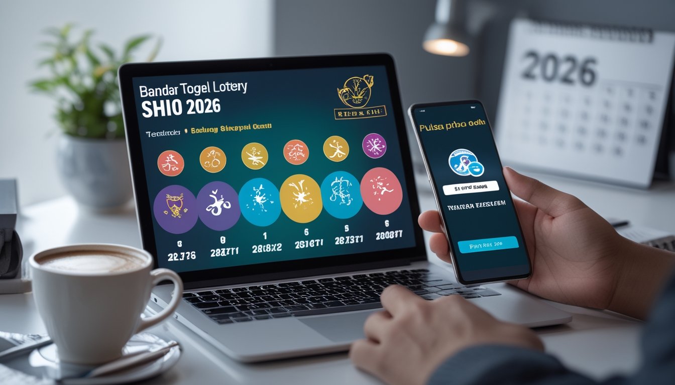 Meja kerja modern dengan laptop yang menampilkan ikon hewan shio dan angka togel, serta ponsel yang menunjukkan transaksi deposit pulsa tanpa potongan.