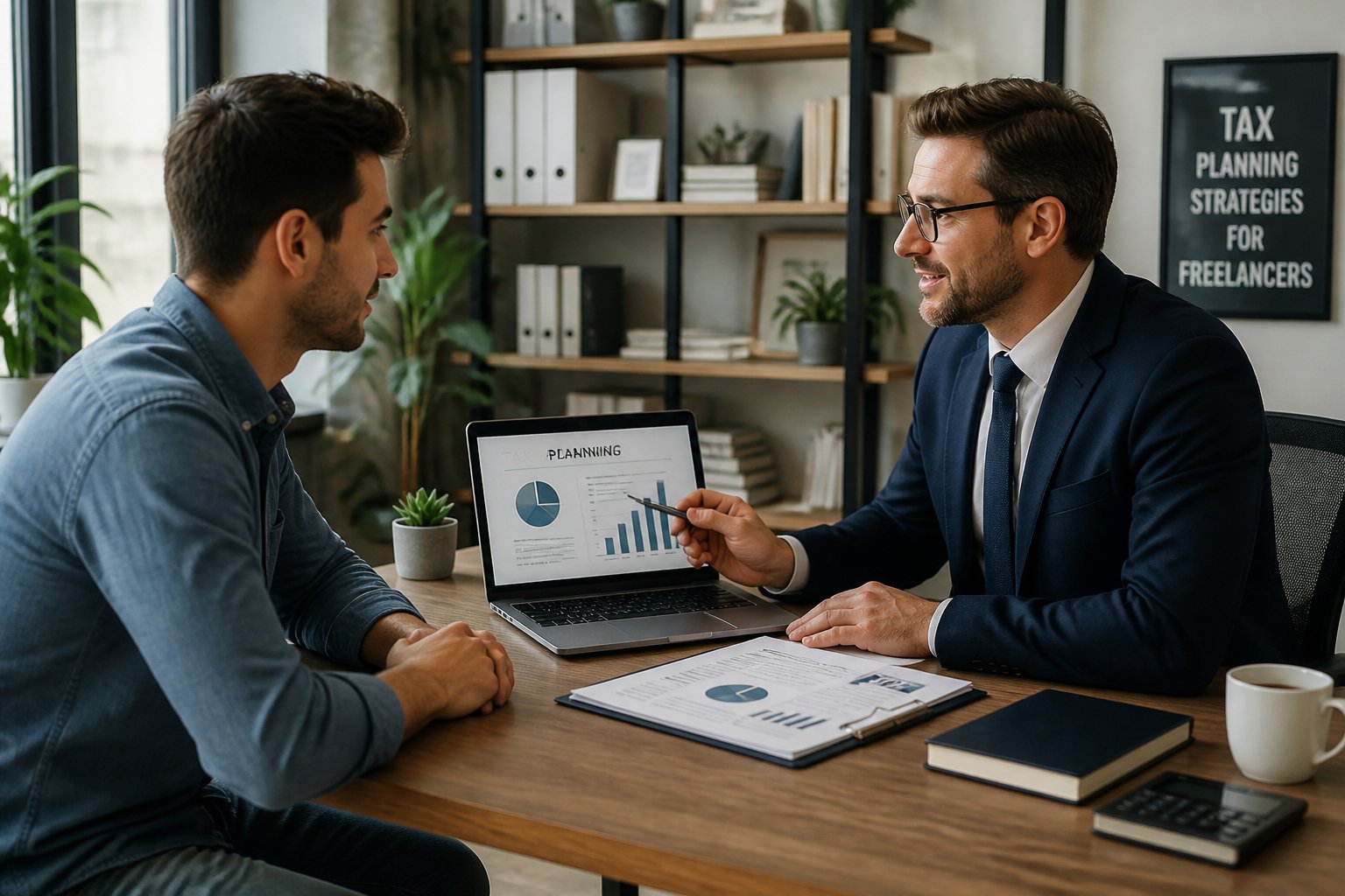 Ein Freiberufler und ein Steuerberater sitzen an einem Schreibtisch und besprechen gemeinsam Finanzunterlagen in einem hellen B&uuml;ro.