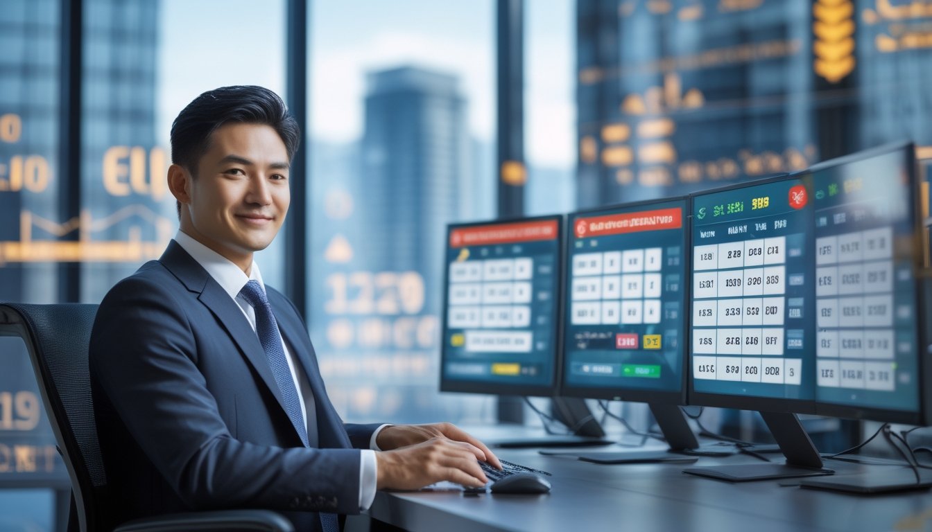 Seorang pria bisnis Asia duduk di kantor modern dengan layar komputer yang menampilkan angka lotere dan grafik, menunjukkan suasana keberhasilan dan pembayaran hadiah besar.