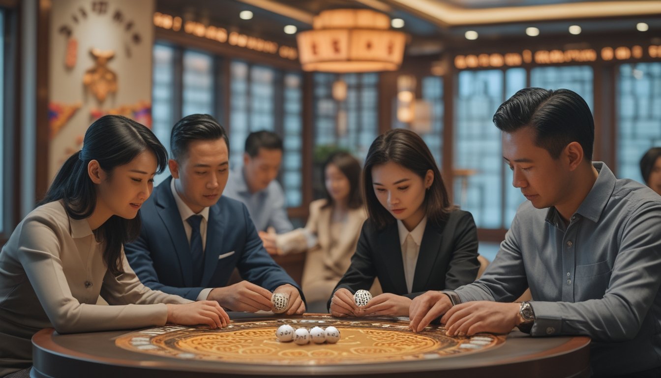 Orang-orang bermain permainan togel tradisional dengan koin perak dan simbol shio di meja permainan.