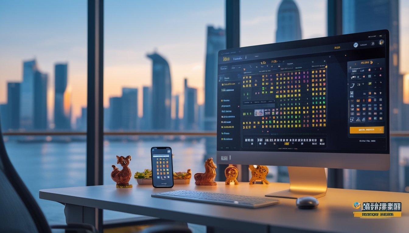 Meja kerja modern dengan komputer dan ponsel yang menampilkan aplikasi lotere digital, di latar belakang pemandangan kota Singapura dan Hongkong saat matahari terbenam.