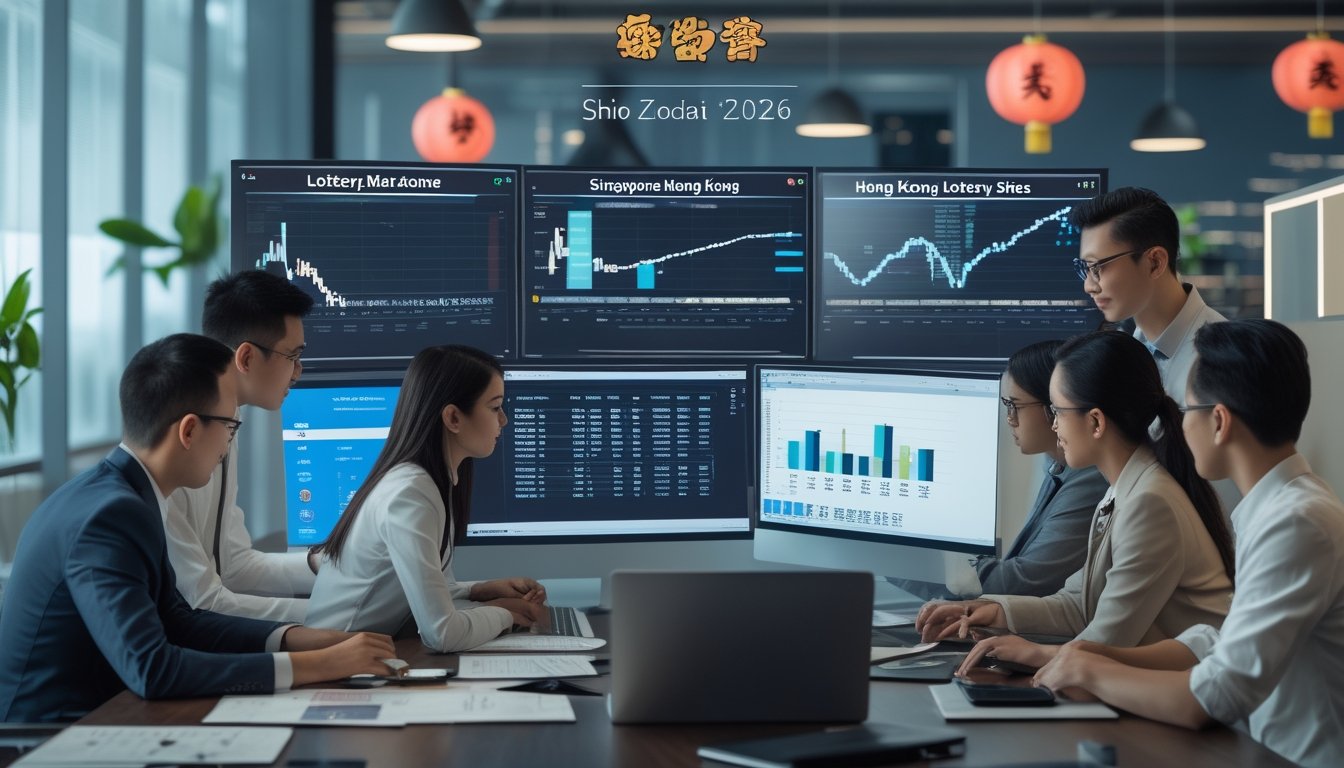 Sekelompok profesional sedang bekerja di kantor modern dengan komputer dan dokumen, fokus pada analisis data pasar togel Singapore dan Hongkong tahun 2026.