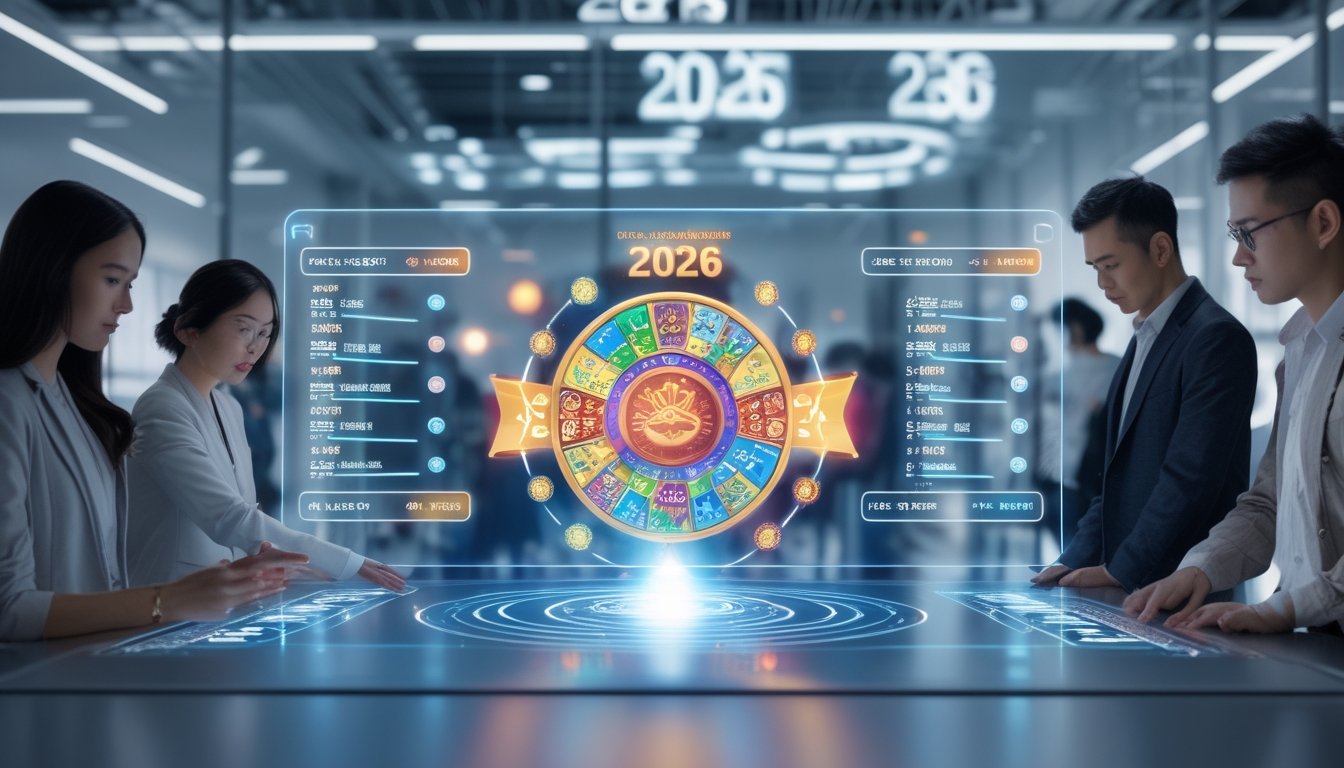 Orang-orang menggunakan layar sentuh digital dengan grafik hewan shio dan animasi pengundian cepat di kantor modern.