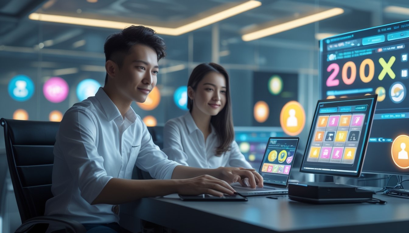 Seorang pria dan wanita Indonesia duduk di meja dengan perangkat digital, menampilkan antarmuka lotere online yang aman dan modern.