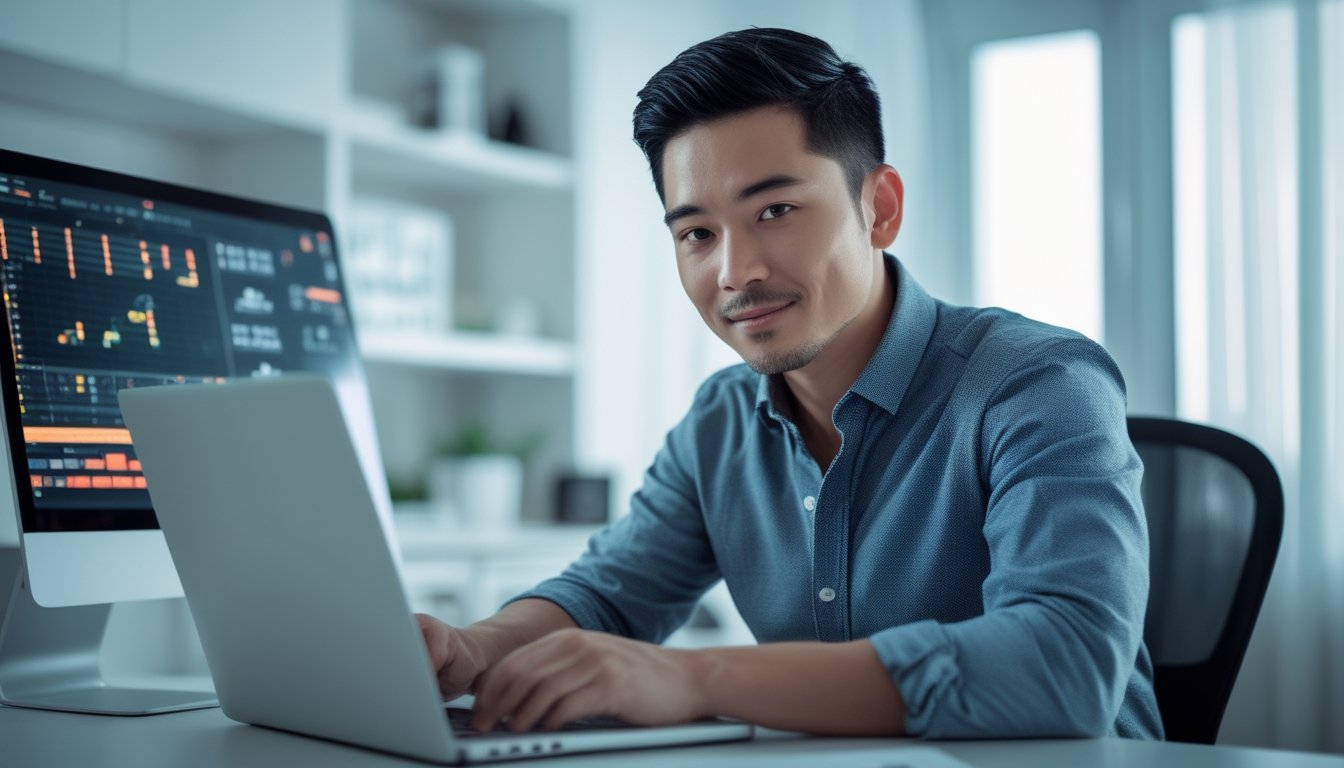 Seorang pria Asia Tenggara menggunakan laptop di ruang kerja rumah yang terang dan rapi, menunjukkan suasana percaya dan profesional.