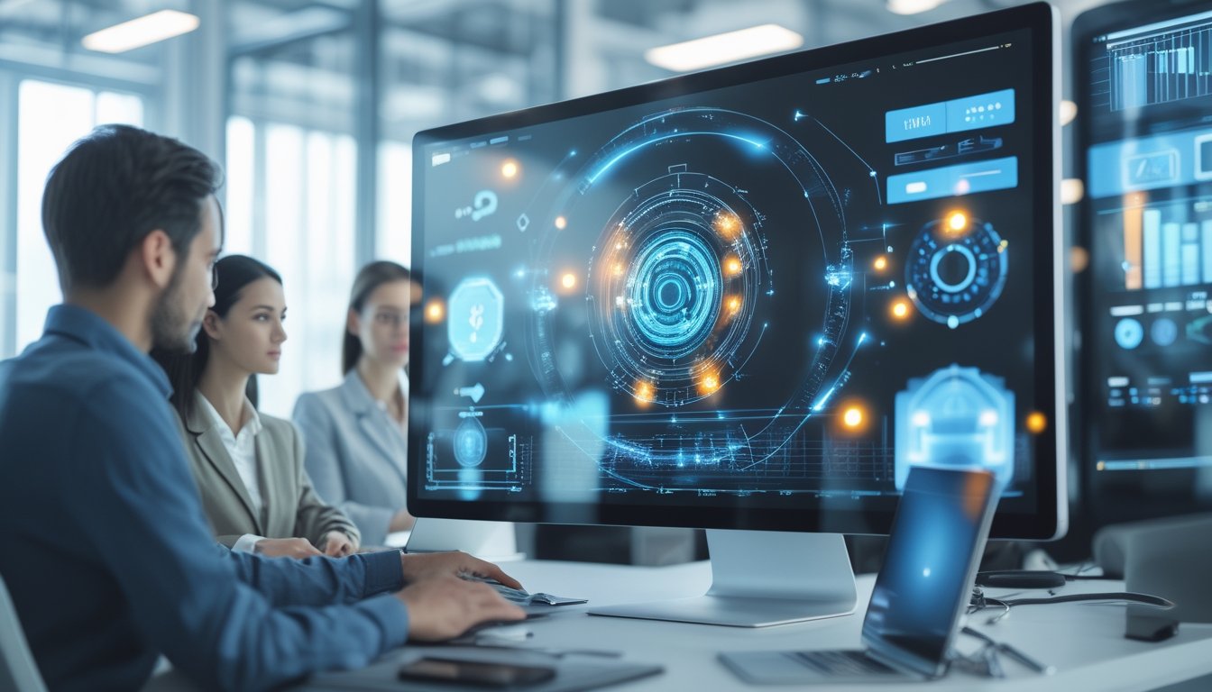 Beberapa profesional bekerja bersama di kantor modern dengan layar sentuh besar yang menampilkan grafik teknologi dan koneksi digital.