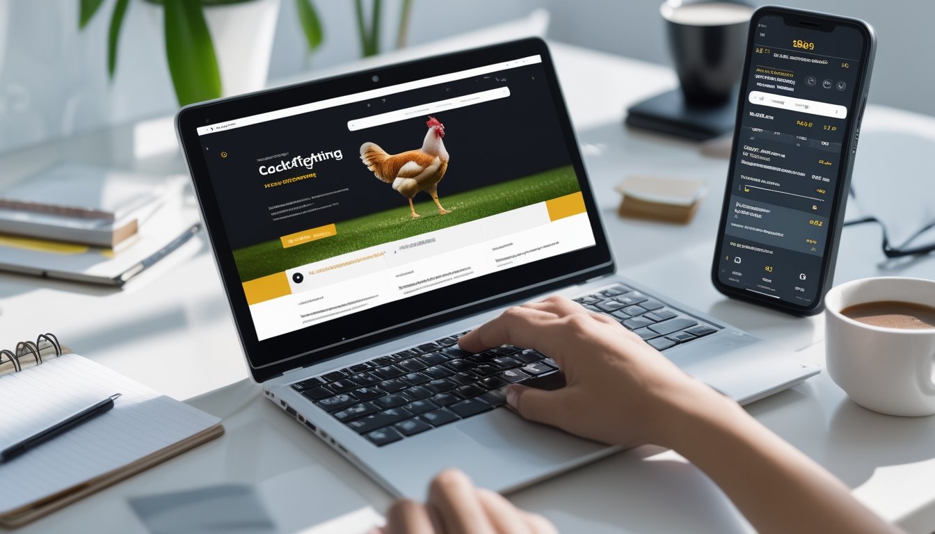 Seseorang menggunakan laptop di meja kerja dengan layar menampilkan situs taruhan sabung ayam, dikelilingi smartphone, kopi, dan alat tulis.