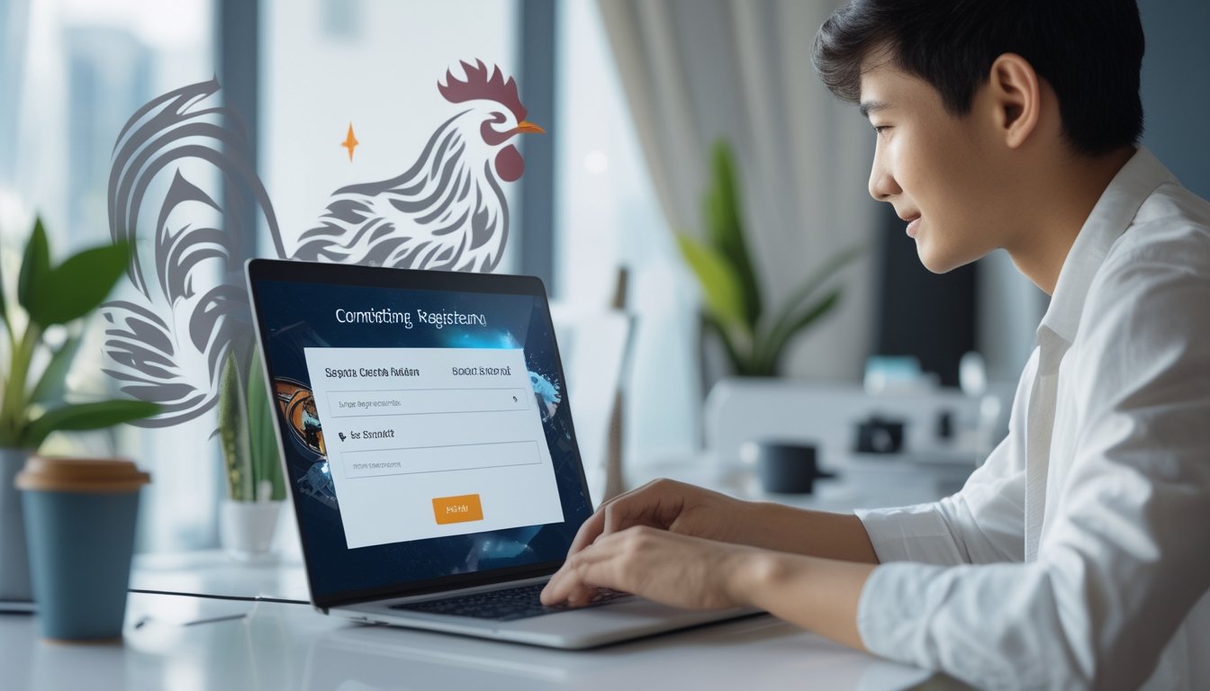 Seseorang menggunakan laptop atau ponsel untuk mendaftar akun secara online dalam suasana yang terang dan rapi.