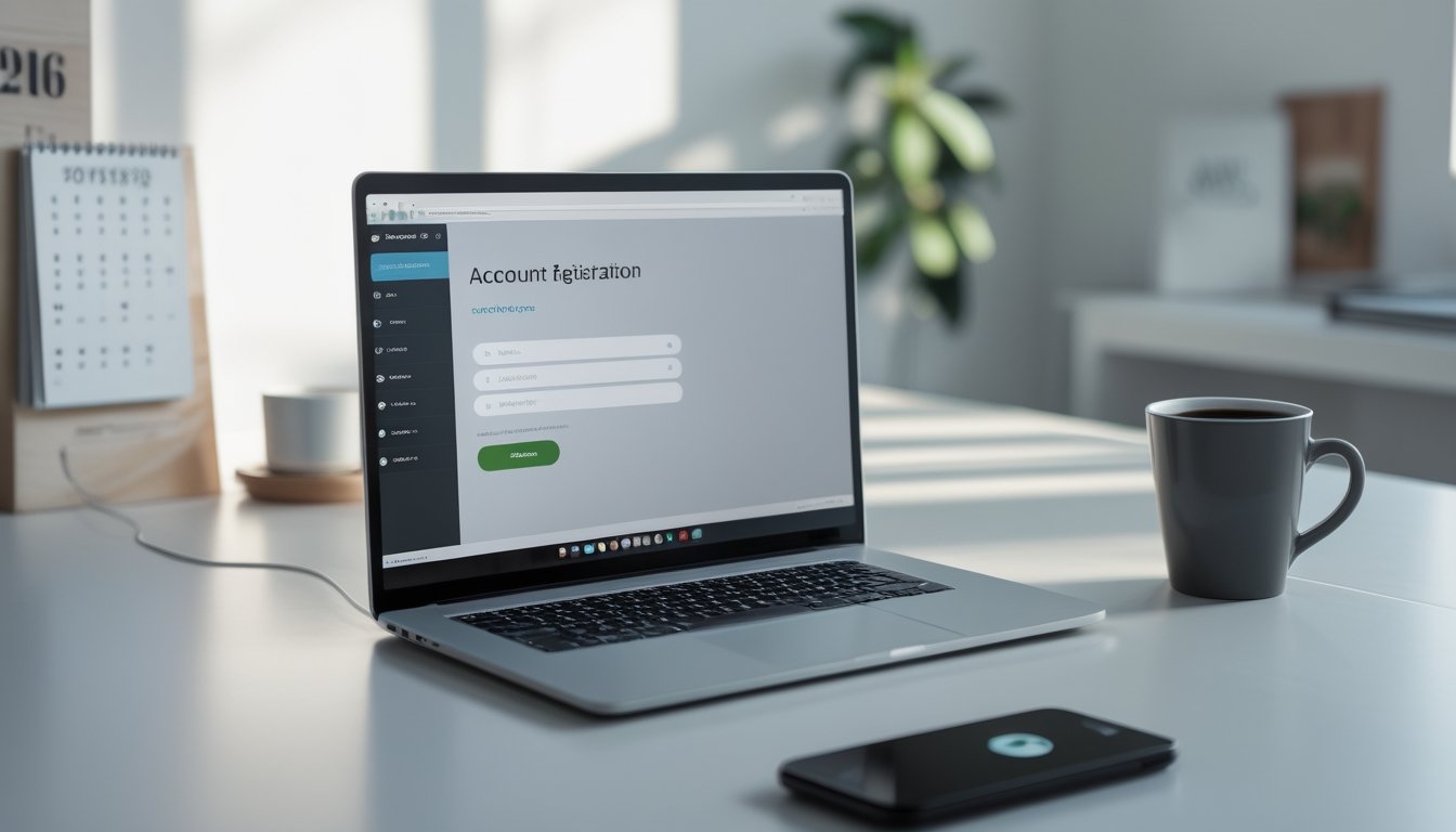 Meja kerja modern dengan laptop dan ponsel yang menampilkan proses pendaftaran akun online.