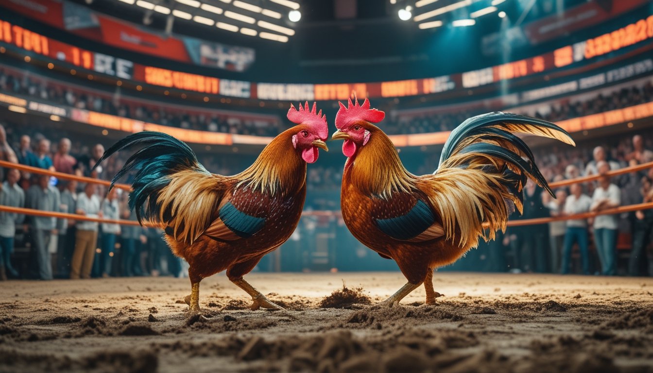 Pertarungan ayam jago di arena besar dengan penonton yang antusias menyaksikan secara langsung.