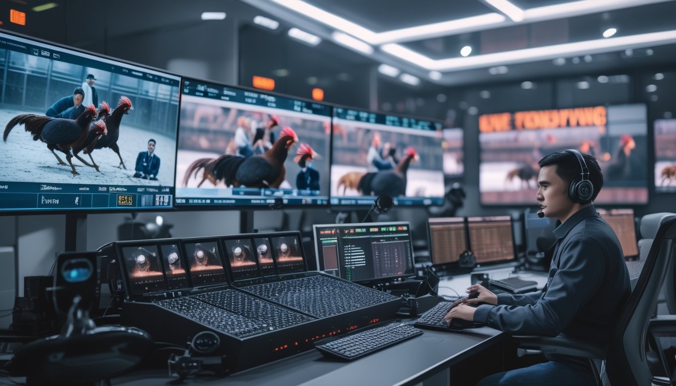 Seorang teknisi sedang mengoperasikan peralatan siaran langsung dengan monitor menampilkan pertandingan sabung ayam.