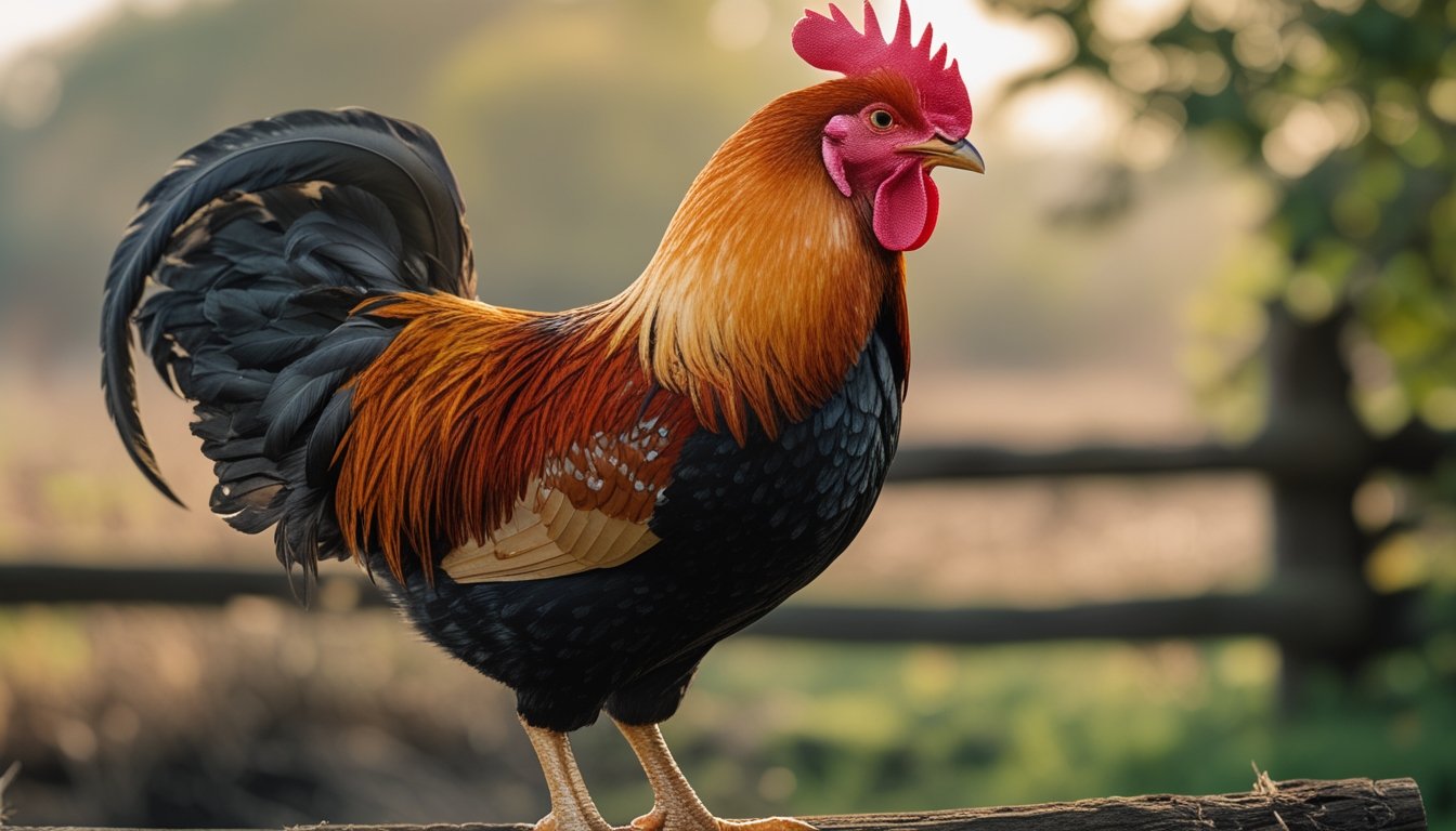 Seekor ayam aduan sehat dan gagah berdiri di atas tempat bertengger kayu dengan latar belakang lingkungan pedesaan hijau.