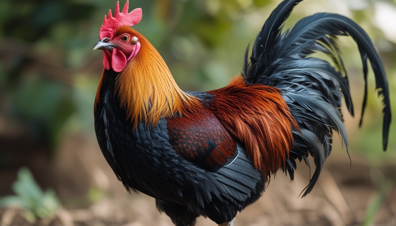 Seekor ayam aduan berkualitas dengan bulu berwarna merah dan hitam berdiri di luar ruangan dengan latar belakang hijau kabur.