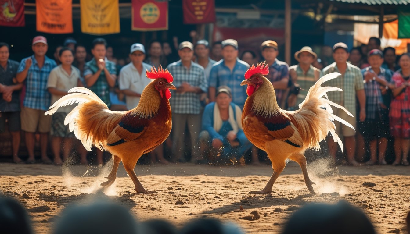 Pertarungan ayam jago di arena tradisional dengan penonton yang antusias menyaksikan dari sekitar.